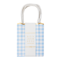 Pack of 8 blue gingham favor bags in a Bonjour Fête wrap band with gold foil detail