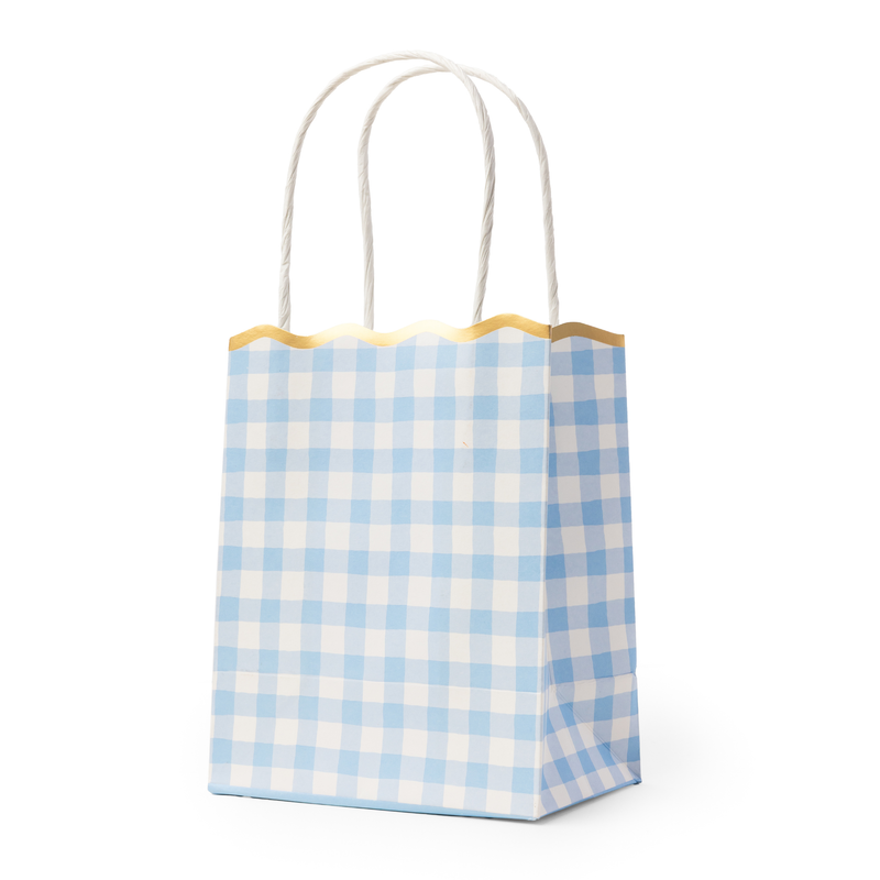 Blue gingham paper favor bag with white twisted handles and a gold scalloped top edge