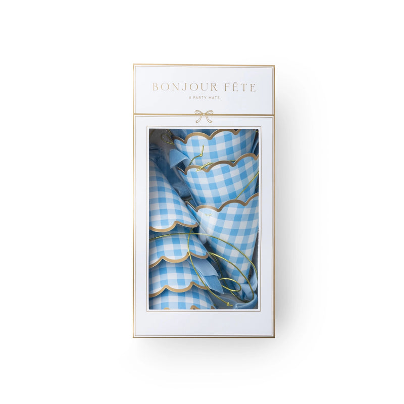 Boxed set of sky blue gingham party hats in a white Bonjour Fête package with gold trim.