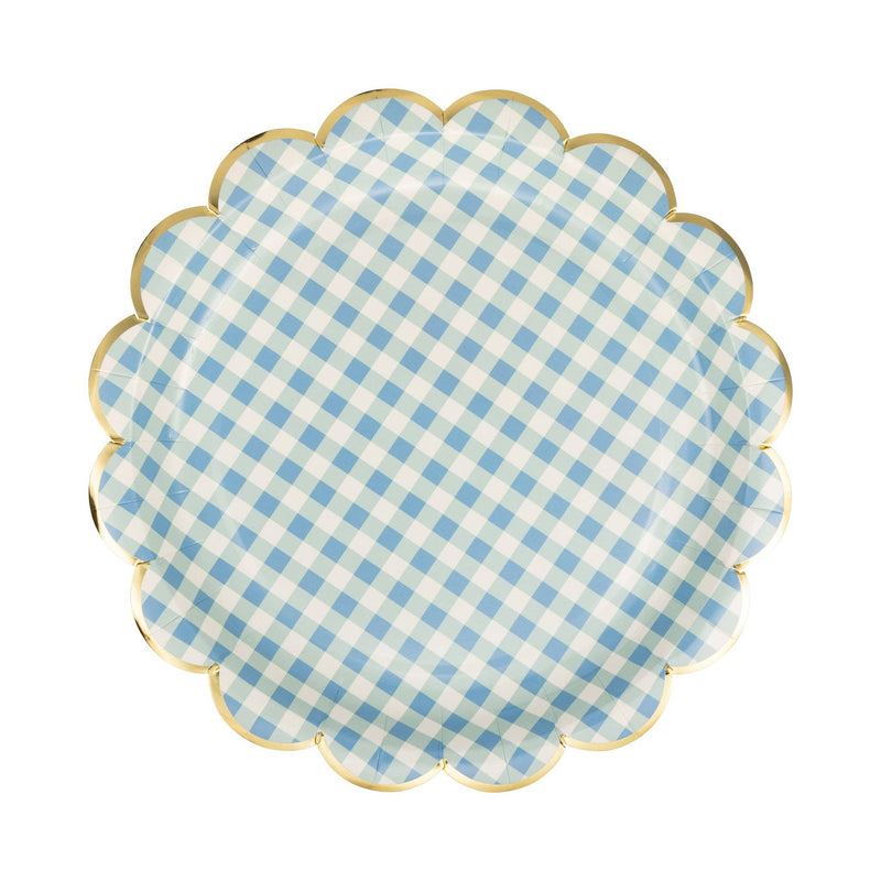 A single 9x9 paper plate featuring a Blue Gingham Pattern with a gold foil scalloped edge, ideal for an Easter Brunch.