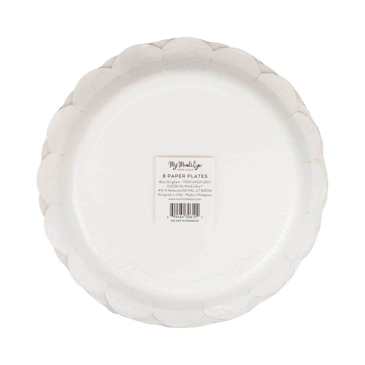 The back of the My Mind's Eye retail packaging for 8 Blue Gingham Pattern plates showing the item number and dimensions.