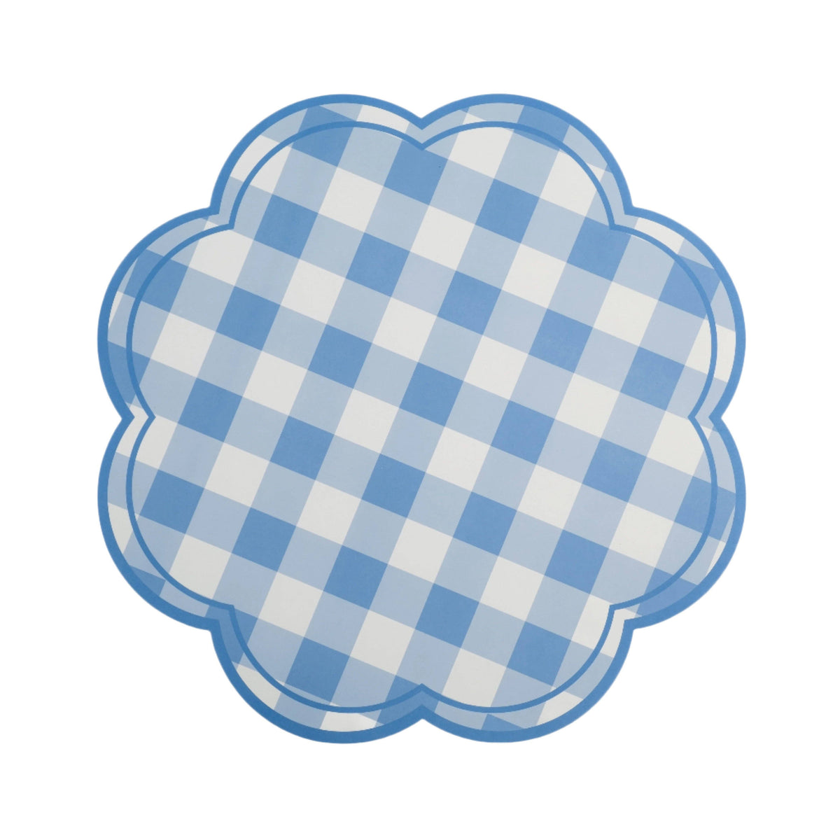 single blue and white gingham paper placemat on a white background, photographed straight-on. Flower/cloud-shaped scallop outline with 7–8 large rounded petal shapes. Diagonal gingham check pattern in white, light blue (overlap), and medium blue (full squares). Solid blue scalloped border with a thin inset line running around the entire edge.