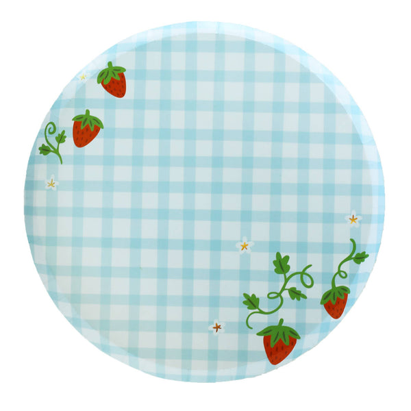 Single blue gingham strawberry paper dinner plate on a white background showing the round shape, light blue gingham pattern, scattered red strawberries with green vines, and small gold star accents