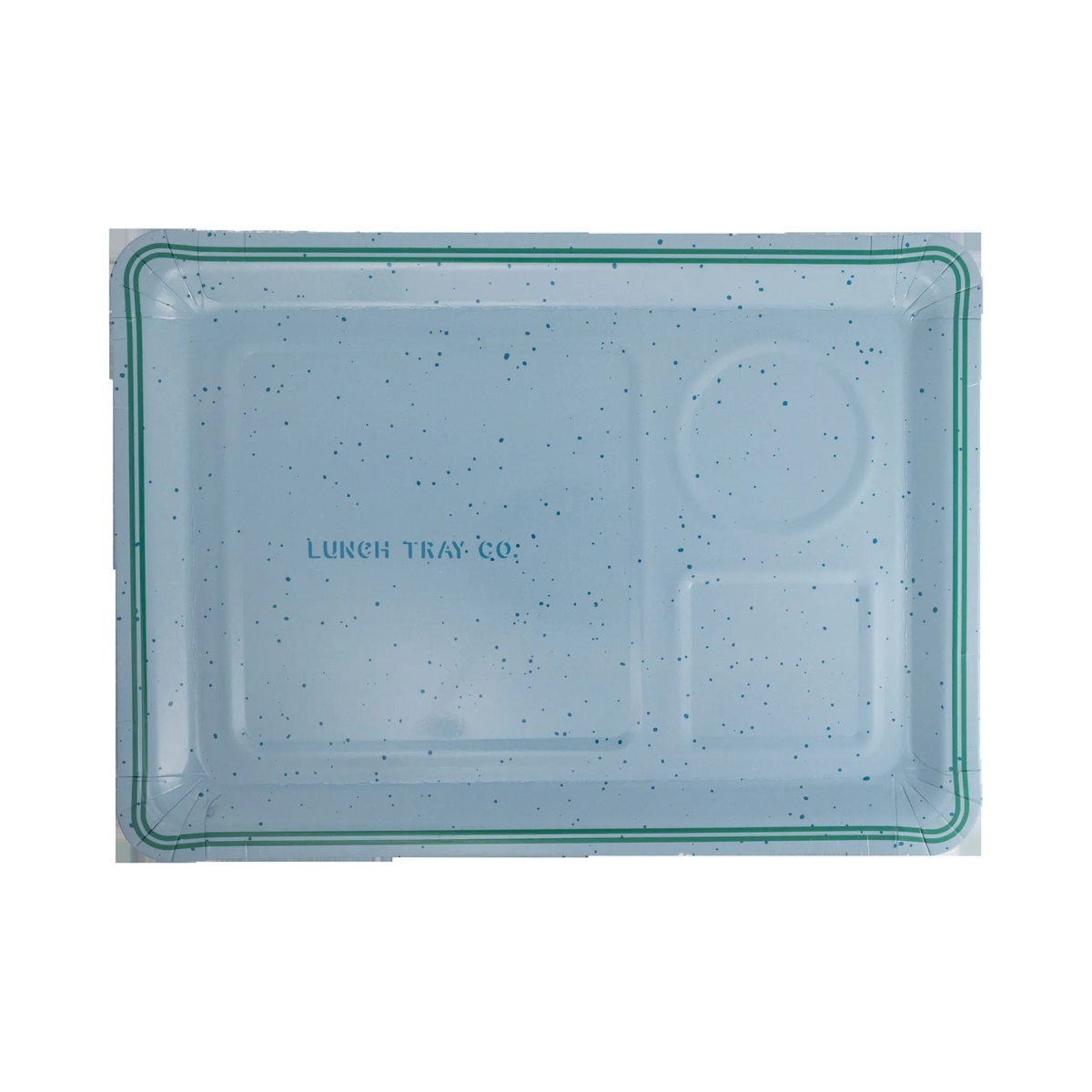 Blue speckled lunch tray shaped paper plate with green striped edge and stenciled "Lunch Tray Co." detail