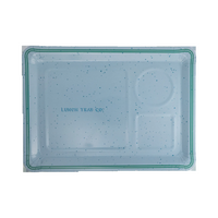 Blue speckled lunch tray shaped paper plate with green striped edge and stenciled "Lunch Tray Co." detail