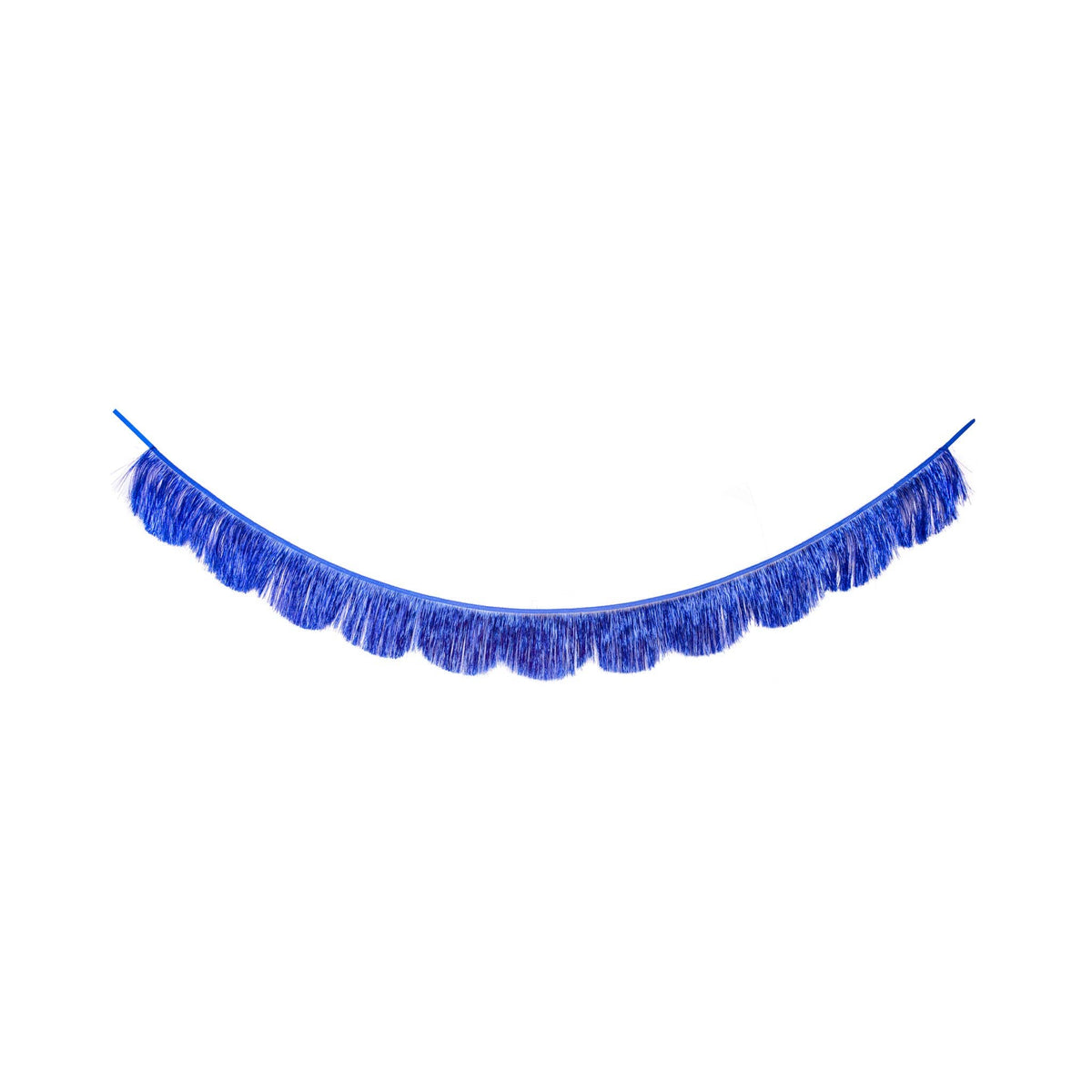 Blue metallic mylar fringe banner with scalloped edge hung in a swag against a white background
