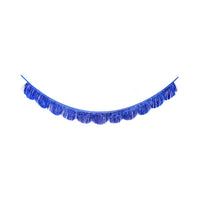 Blue metallic mylar fringe banner with scalloped edge hung in a swag against a white background