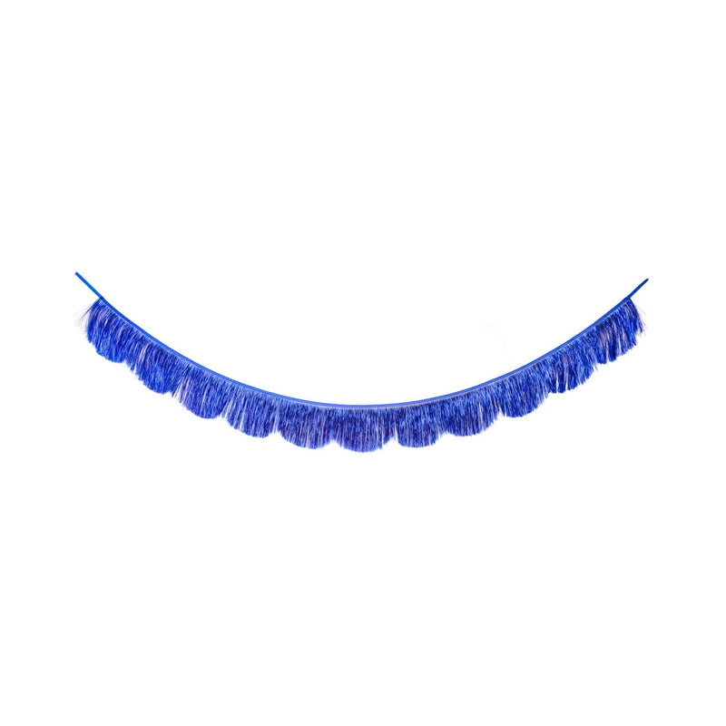 Blue metallic mylar fringe banner with scalloped edge hung in a swag against a white background