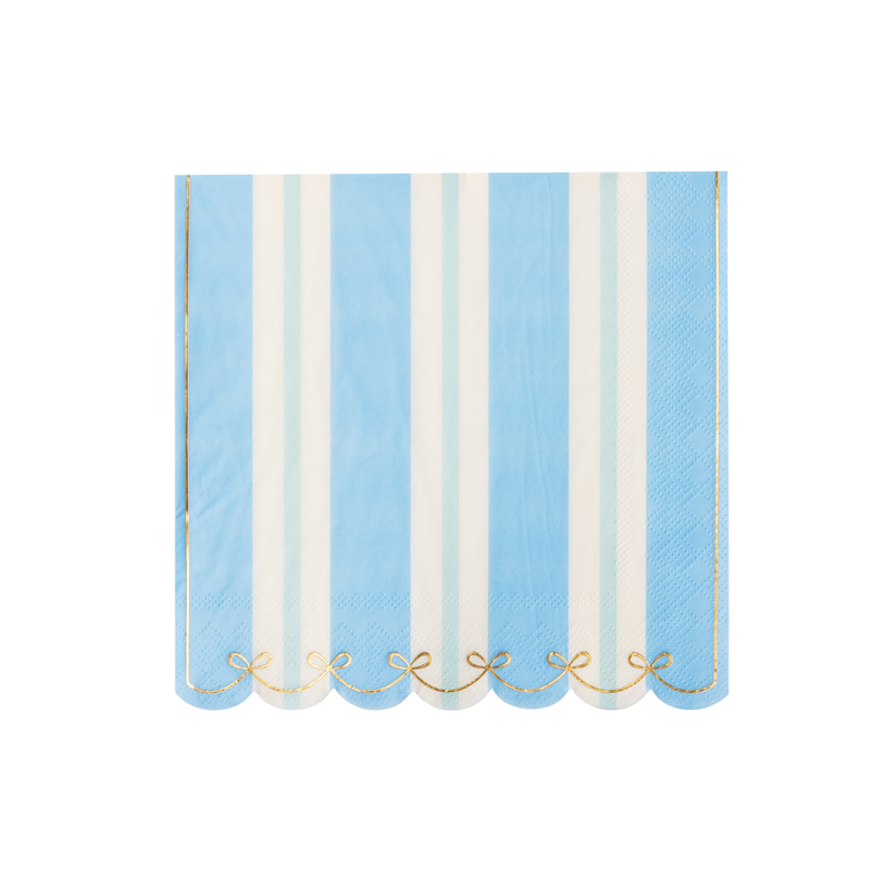 Blue and mint stripe large napkin with gold bow scalloped edge
