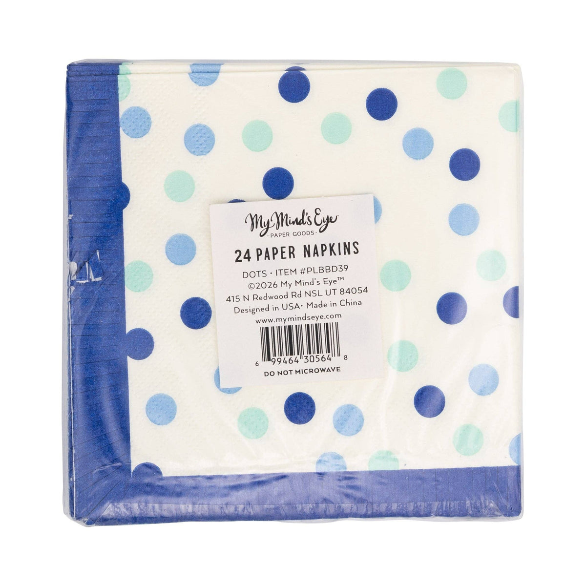 Blue polka dot fringe paper cocktail napkins back of packaging showing product label and dot pattern