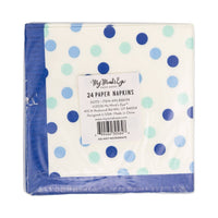 Blue polka dot fringe paper cocktail napkins back of packaging showing product label and dot pattern
