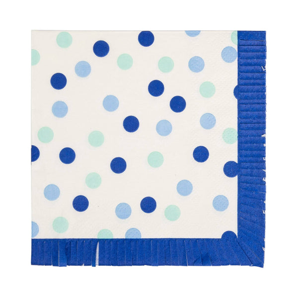 Single blue polka dot paper cocktail napkin with fringe edge detail showing full dot pattern on cream base