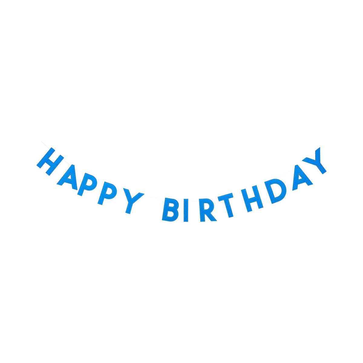 Blue puffy felt Happy Birthday banner strung on gold rope showing all 13 padded letter pieces on white background