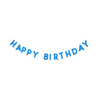 Blue puffy felt Happy Birthday banner strung on gold rope showing all 13 padded letter pieces on white background