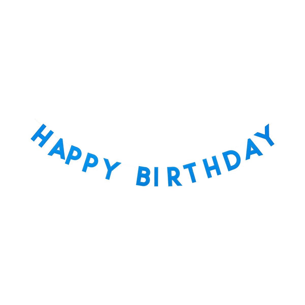 Blue puffy felt Happy Birthday banner strung on gold rope showing all 13 padded letter pieces on white background