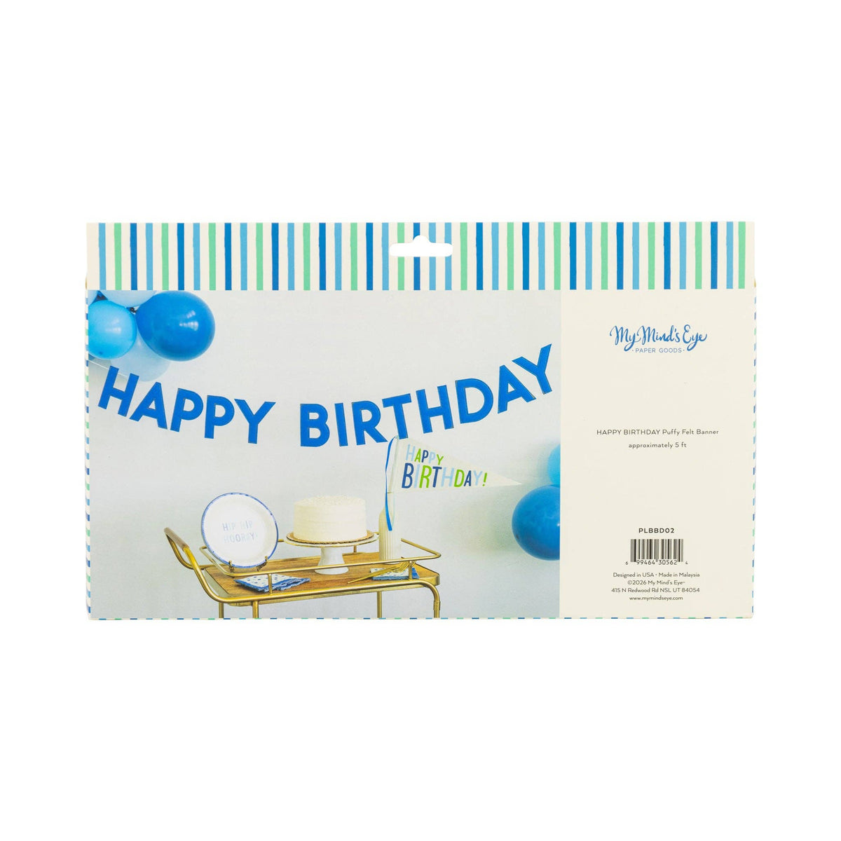 Blue puffy felt Happy Birthday banner back of retail packaging showing product details and blue and gold styled party