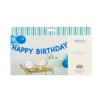 Blue puffy felt Happy Birthday banner back of retail packaging showing product details and blue and gold styled party