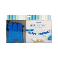 Blue puffy felt Happy Birthday banner in retail box packaging showing gold-stitched felt letters and styled party photo