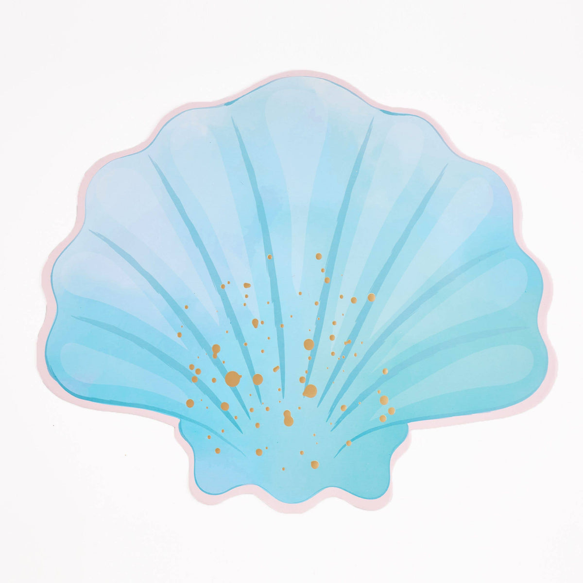 Single blue seashell shaped paper placemat on a white background showing the full scallop shell shape, gold foil, and pink edge.