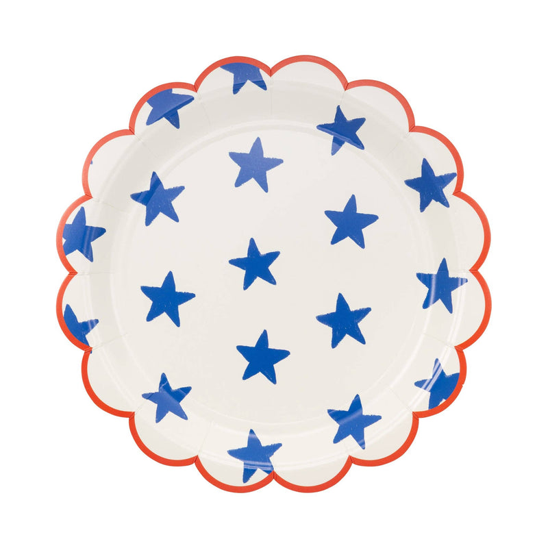 Single blue star scalloped paper plate flat lay showing hand-painted blue stars on cream background with red scalloped edge detail