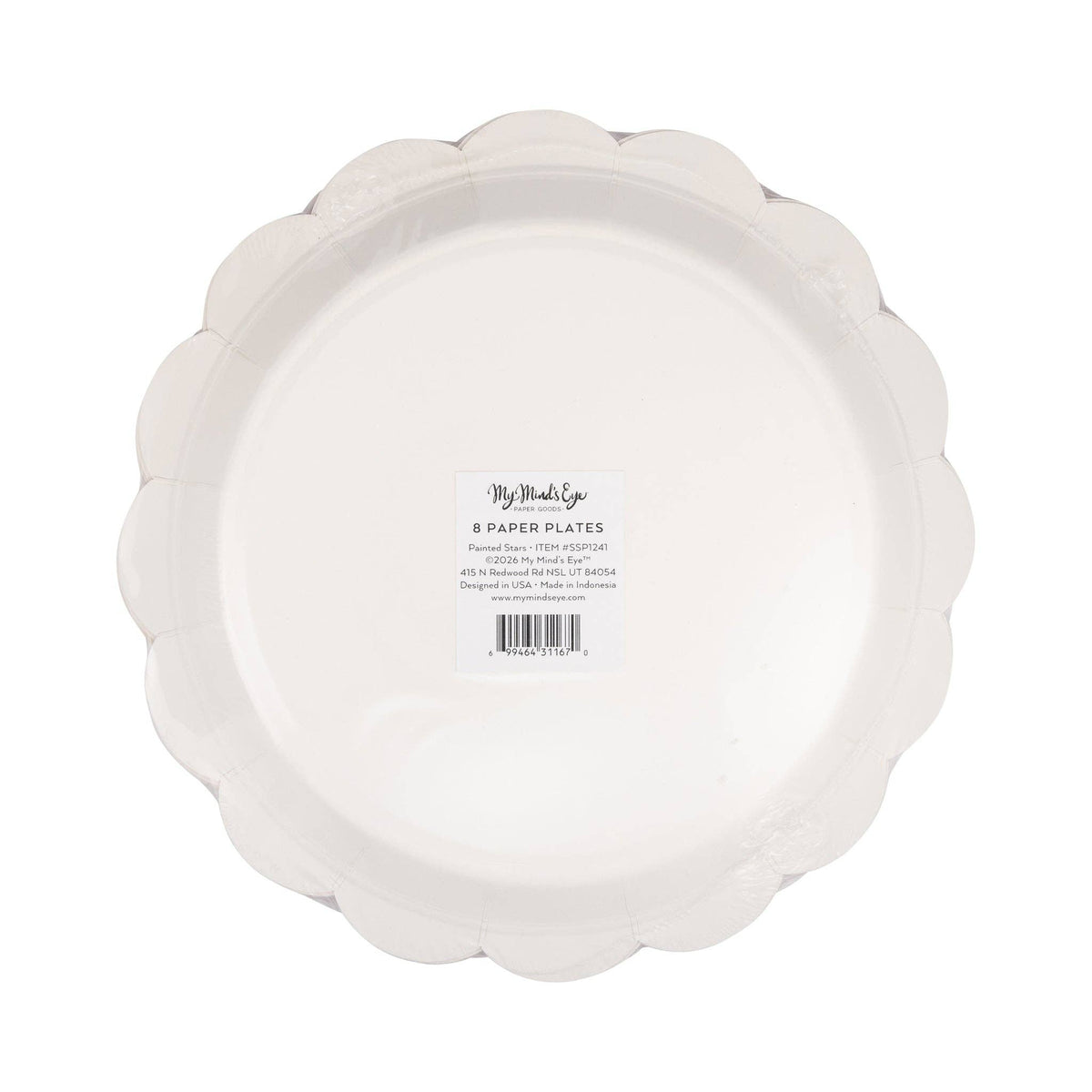 Back of packaging for blue star scalloped paper plates showing cream scalloped plate with product label and 8 count