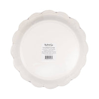 Back of packaging for blue star scalloped paper plates showing cream scalloped plate with product label and 8 count