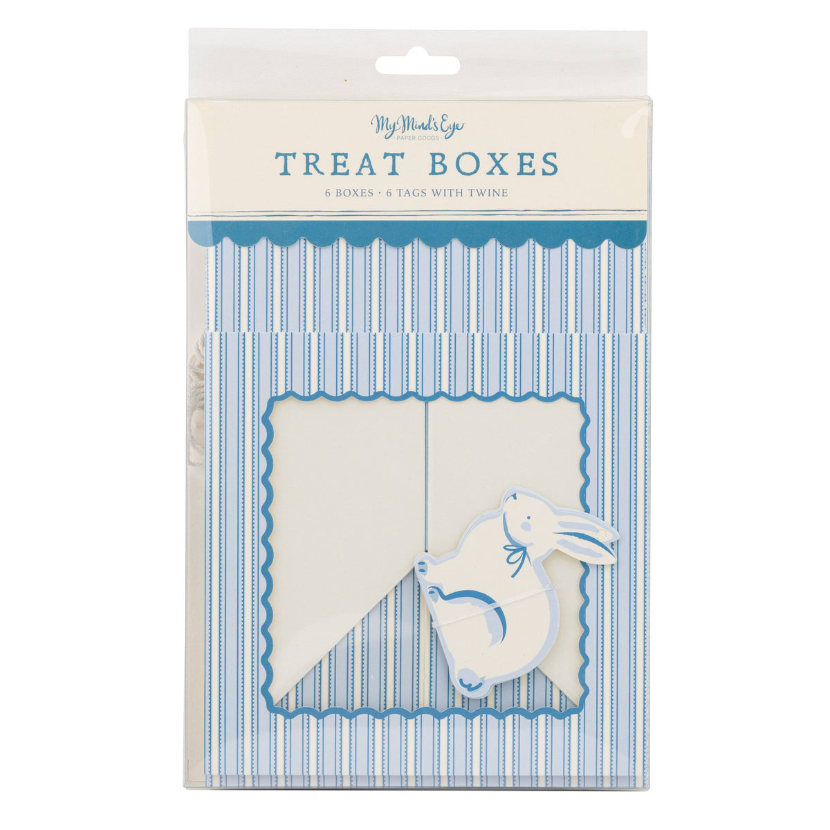 Retail packaging for a set of 6 blue striped bunny treat boxes, a versatile addition to your Easter party supplies or baby shower.