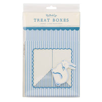 Retail packaging for a set of 6 blue striped bunny treat boxes, a versatile addition to your Easter party supplies or baby shower.
