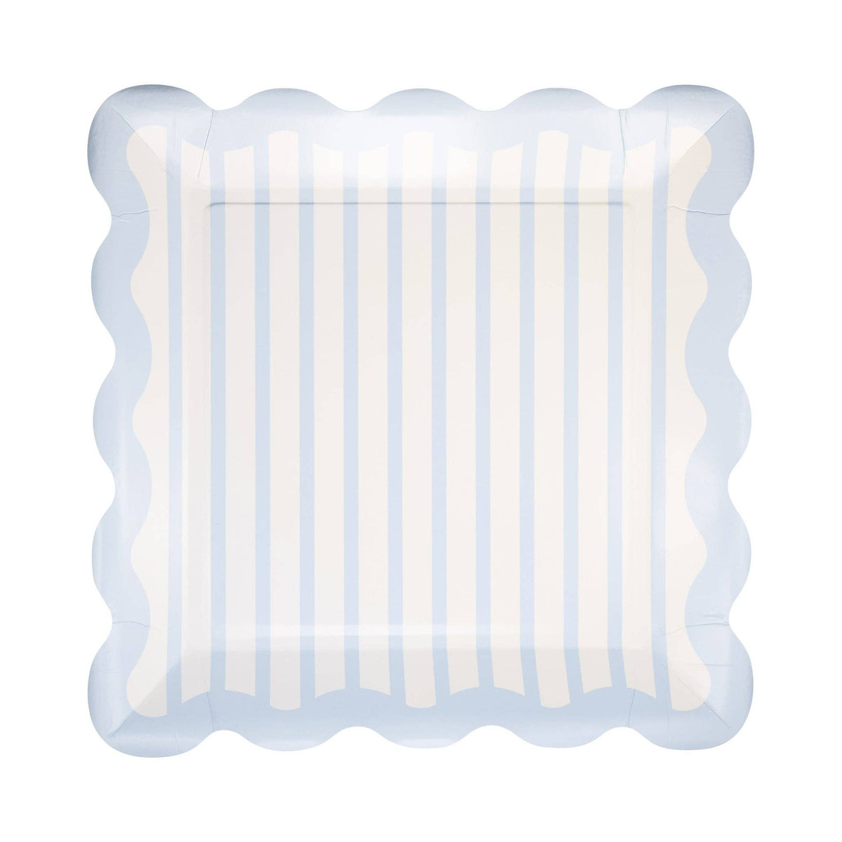 Blue striped scalloped square paper plate on white background