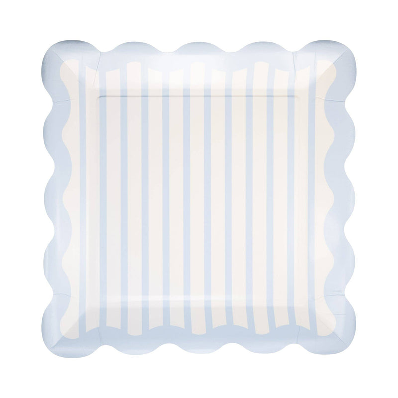 Blue striped scalloped square paper plate on white background