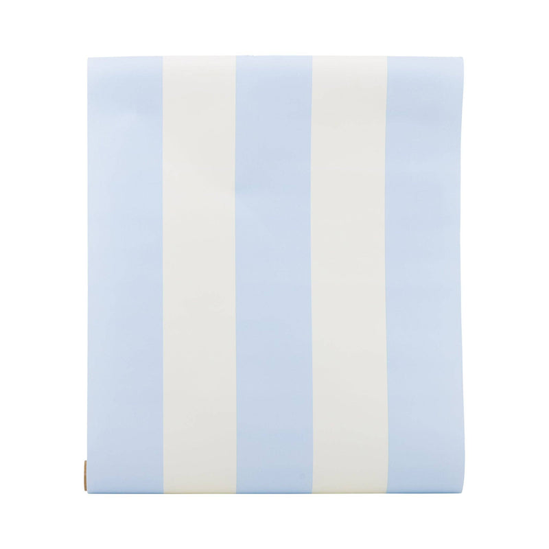 Blue and cream striped paper table runner  on a white background