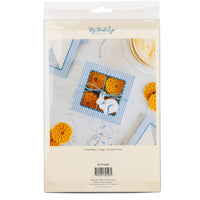 The back of the My Mind's Eye retail packaging for 6 blue stripe treat boxes, showing the windowed design and included tags and twine.