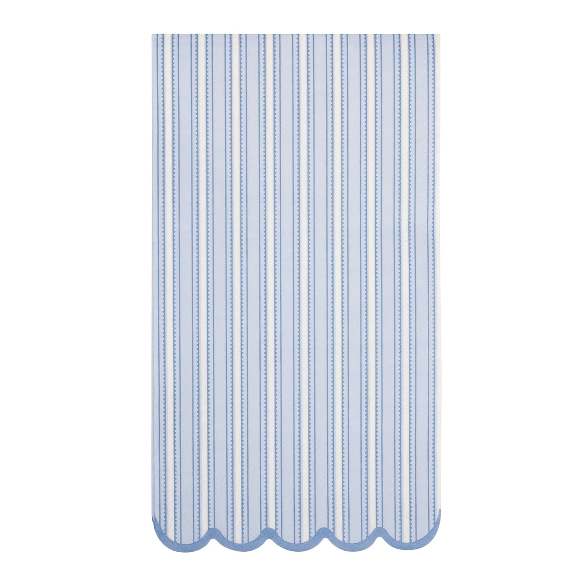 Blue striped Easter dinner napkin with scalloped edge on white background.