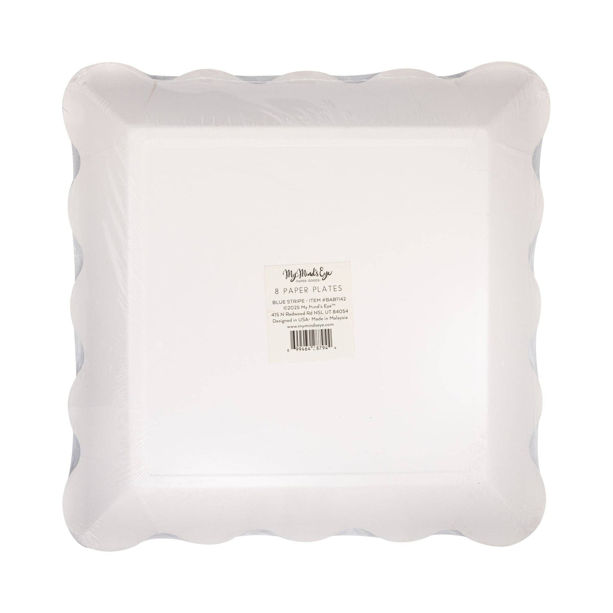 Back view of blue striped scalloped square paper plate packaging