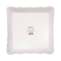 Back view of blue striped scalloped square paper plate packaging