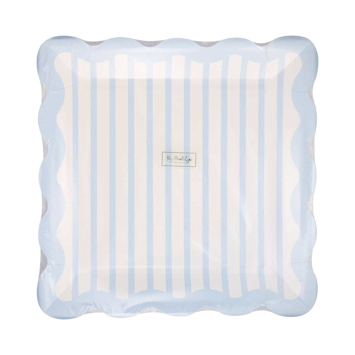 Stack of blue striped scalloped plates in clear packaging