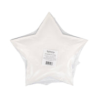 Back of packaging for blue striped star shaped paper plates showing product label with 8 count and item details on cream-colored star plate