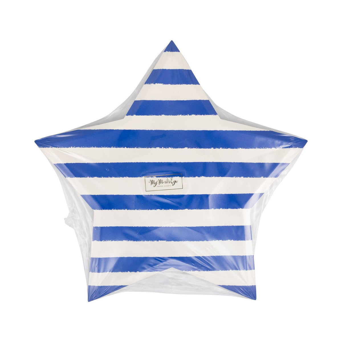 Front of packaging for blue and cream striped star shaped paper plates in cellophane wrap showing horizontal blue stripe design
