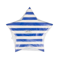 Front of packaging for blue and cream striped star shaped paper plates in cellophane wrap showing horizontal blue stripe design
