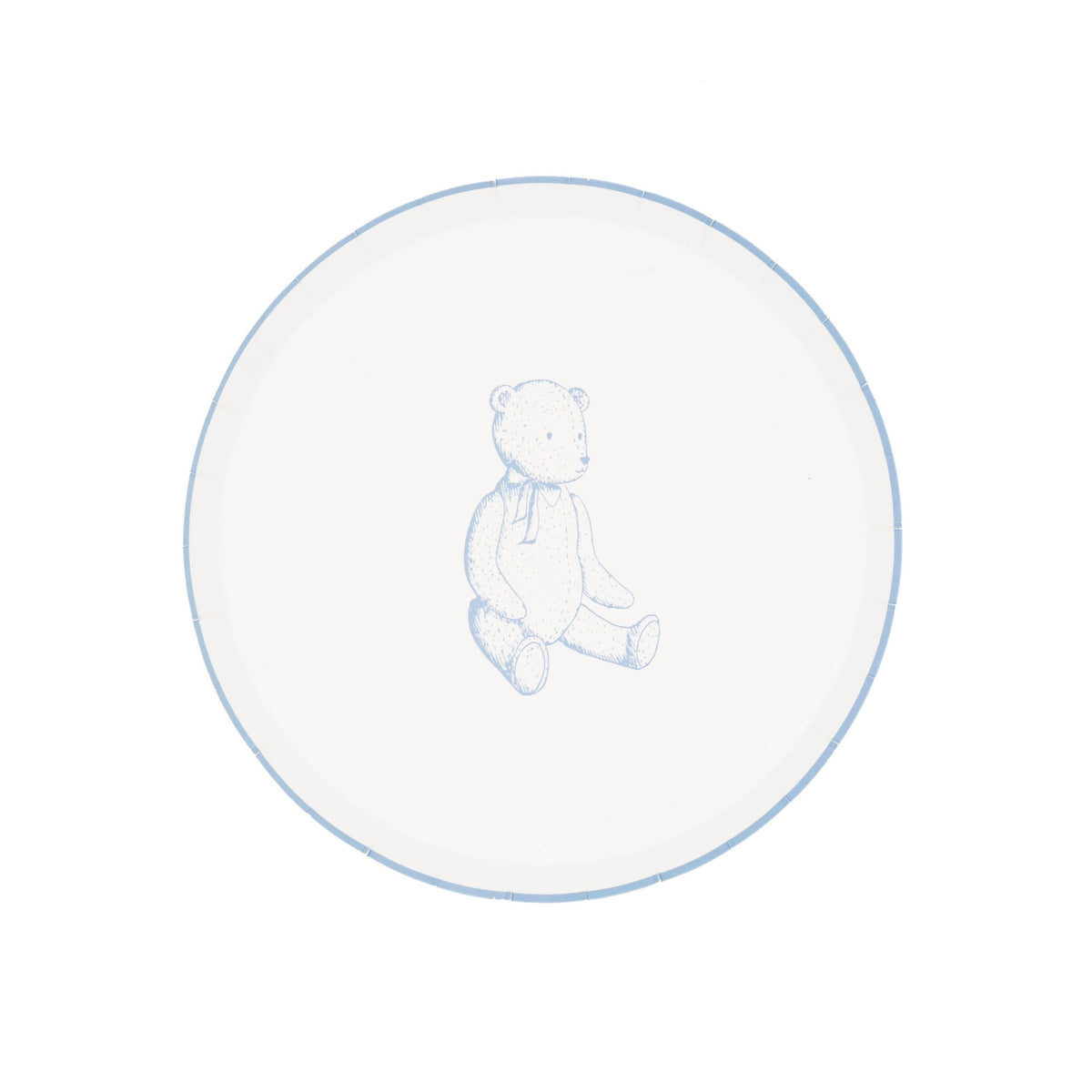 Blue teddy bear paper dessert plate, cream plate with a blue rim and a sketched sitting bear