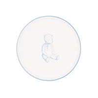 Blue teddy bear paper dessert plate, cream plate with a blue rim and a sketched sitting bear