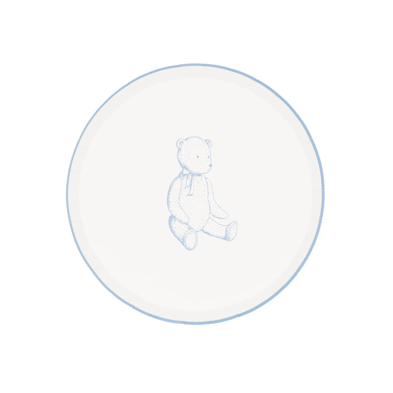 Blue teddy bear paper dessert plate, cream plate with a blue rim and a sketched sitting bear