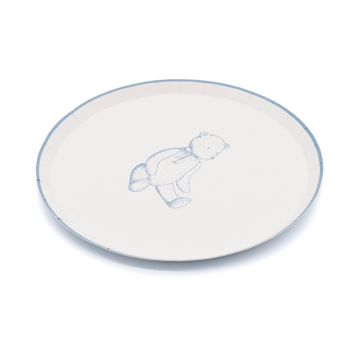 Blue teddy bear paper dessert plate at an angle on white, showing the 8.5 inch round shape
