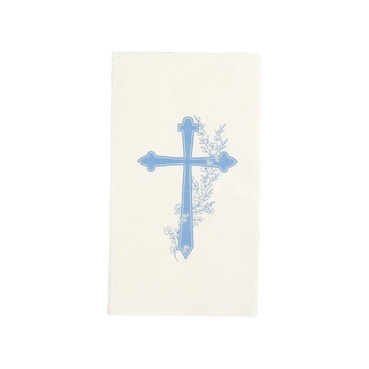 A single white guest towel with a light blue cross and floral sprigs for a Storybook Boy Baptism.
