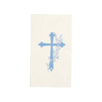 A single white guest towel with a light blue cross and floral sprigs for a Storybook Boy Baptism.