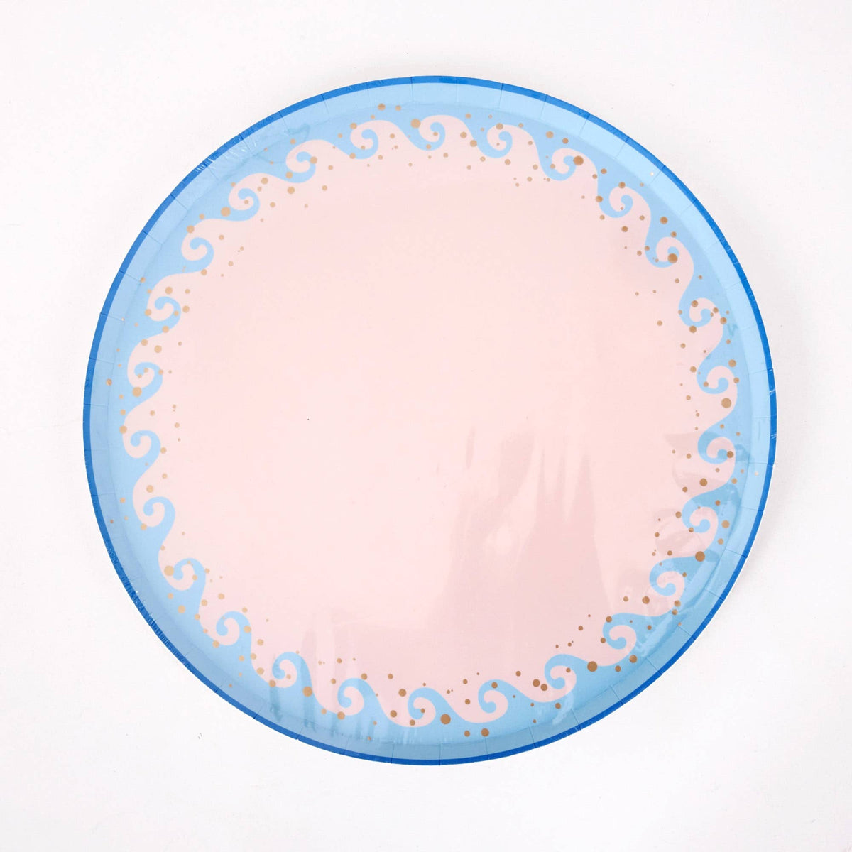 Single blue wave scalloped paper dinner plate with a blush center, light-blue wave border, and gold foil dots.