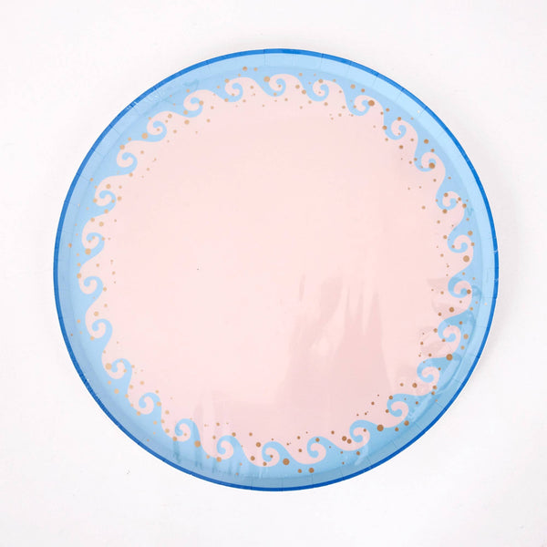 Single blue wave scalloped paper dinner plate with a blush center, light-blue wave border, and gold foil dots.