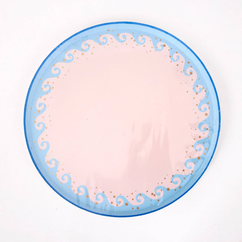 Single blue wave scalloped paper dinner plate with a blush center, light-blue wave border, and gold foil dots.