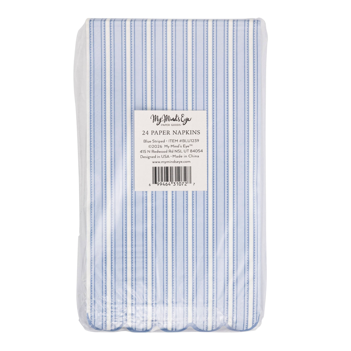 Packaged Bluehill striped paper napkins back view.