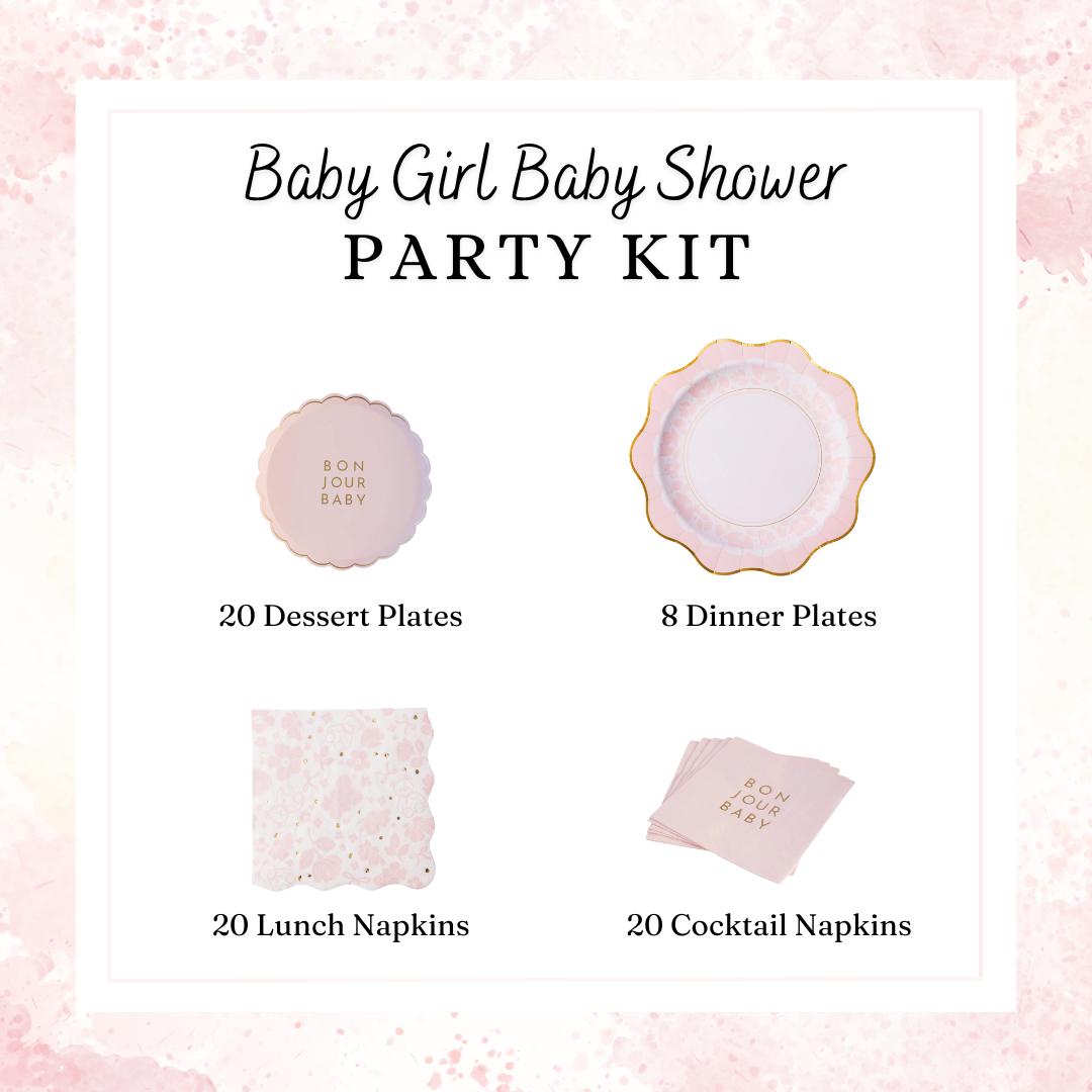 Graphic showing contents of the Baby Girl Shower Party Kit: dessert plates, dinner plates, lunch napkins and cocktail napkins.
